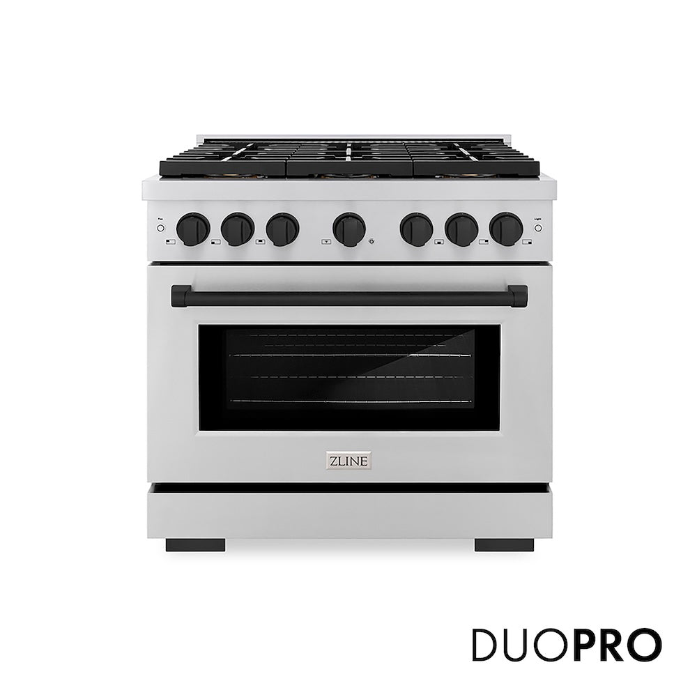 ZLINE Autograph Edition 36 in. 5.2 cu. ft. Paramount Dual Fuel Range with 6 Burner DuoPro™ Cooktop and Electric Convection Oven in Stainless Steel and Matte Black Accents (PSDRZ-36-MB) front, with DuoPro™ logo.