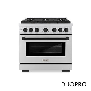 ZLINE Autograph Edition 36 in. 5.2 cu. ft. Paramount Dual Fuel Range with 6 Burner DuoPro™ Cooktop and Electric Convection Oven in Stainless Steel and Matte Black Accents (PSDRZ-36-MB) main image.