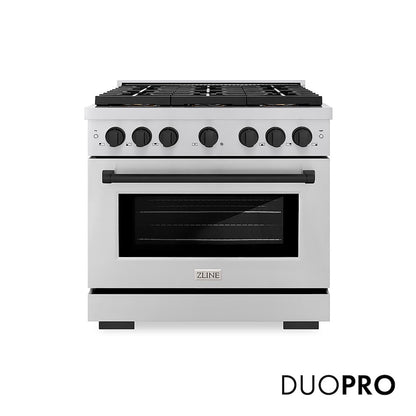ZLINE Autograph Edition 36 in. 5.2 cu. ft. Paramount Dual Fuel Range with 6 Burner DuoPro™ Cooktop and Electric Convection Oven in Stainless Steel and Matte Black Accents (PSDRZ-36-MB) front, with DuoPro™ logo.