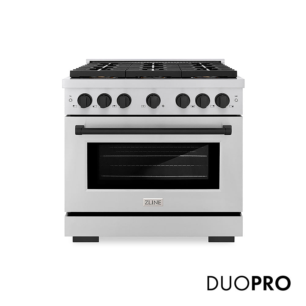 ZLINE Autograph Edition 36 in. 5.2 cu. ft. Paramount Dual Fuel Range with 6 Burner DuoPro™ Cooktop and Electric Convection Oven in Stainless Steel and Matte Black Accents, Open Box-Good Condition
