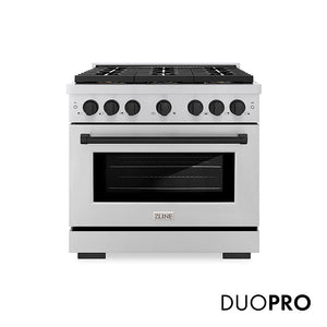 ZLINE Autograph Edition 36 in. 5.2 cu. ft. Paramount Dual Fuel Range with 6 Burner DuoPro™ Cooktop and Electric Convection Oven in Stainless Steel and Matte Black Accents, Open Box-Great Condition main image.