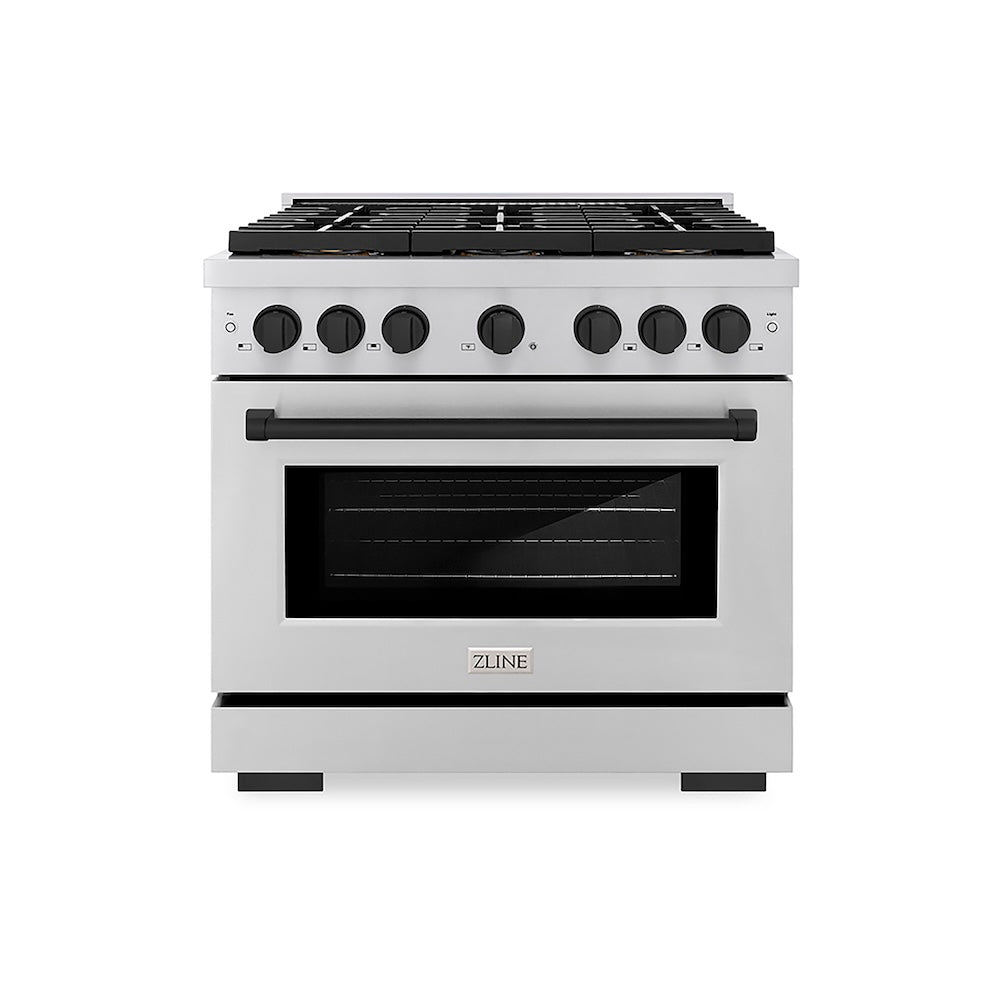 ZLINE Autograph Edition 36 in. 5.2 cu. ft. Paramount Dual Fuel Range with 6 Burner DuoPro™ Cooktop and Electric Convection Oven in Stainless Steel and Matte Black Accents (PSDRZ-36-MB) front.