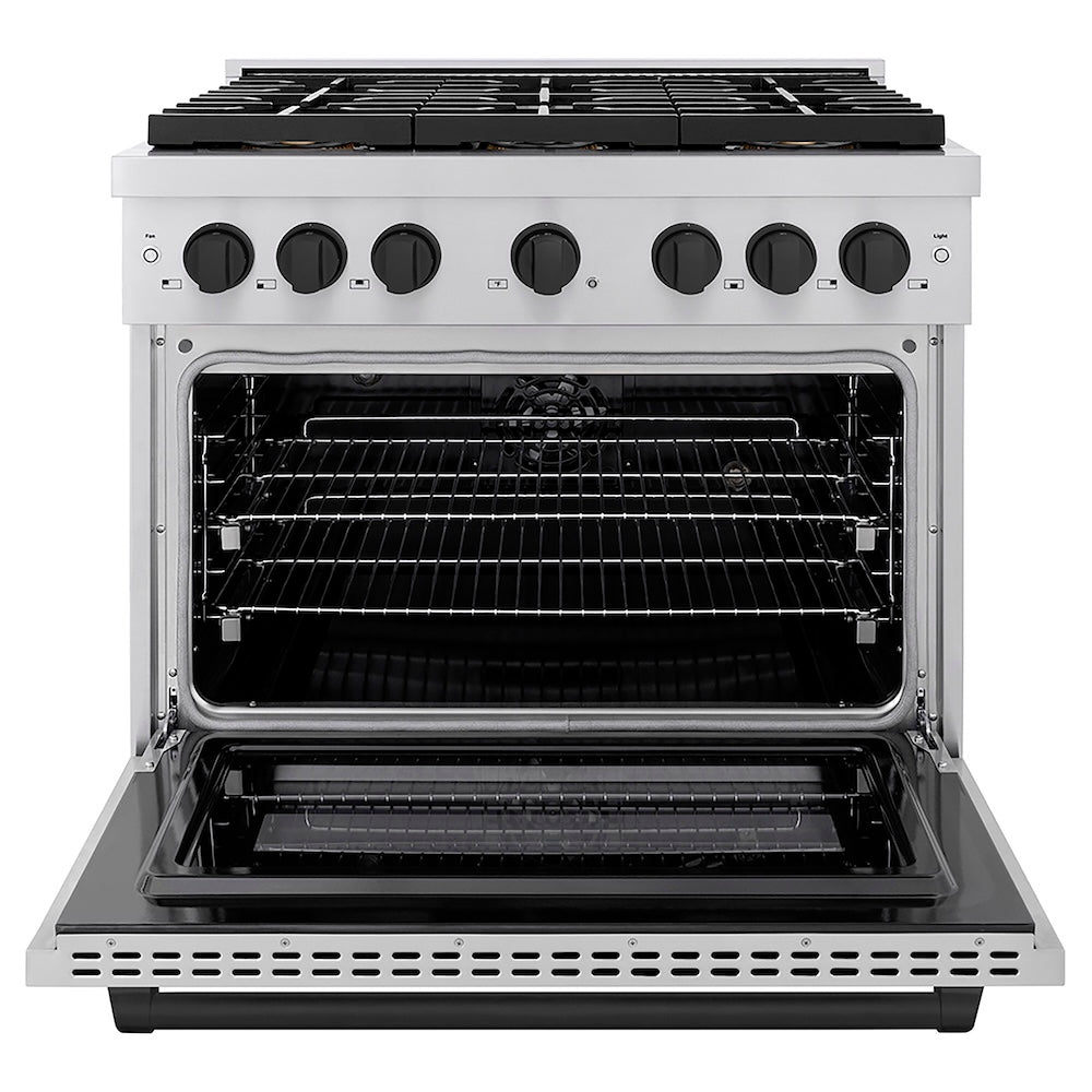 ZLINE Autograph Edition 36 in. 5.2 cu. ft. Paramount Dual Fuel Range with 6 Burner DuoPro™ Cooktop and Electric Convection Oven in Stainless Steel and Matte Black Accents (PSDRZ-36-MB) front, oven open.