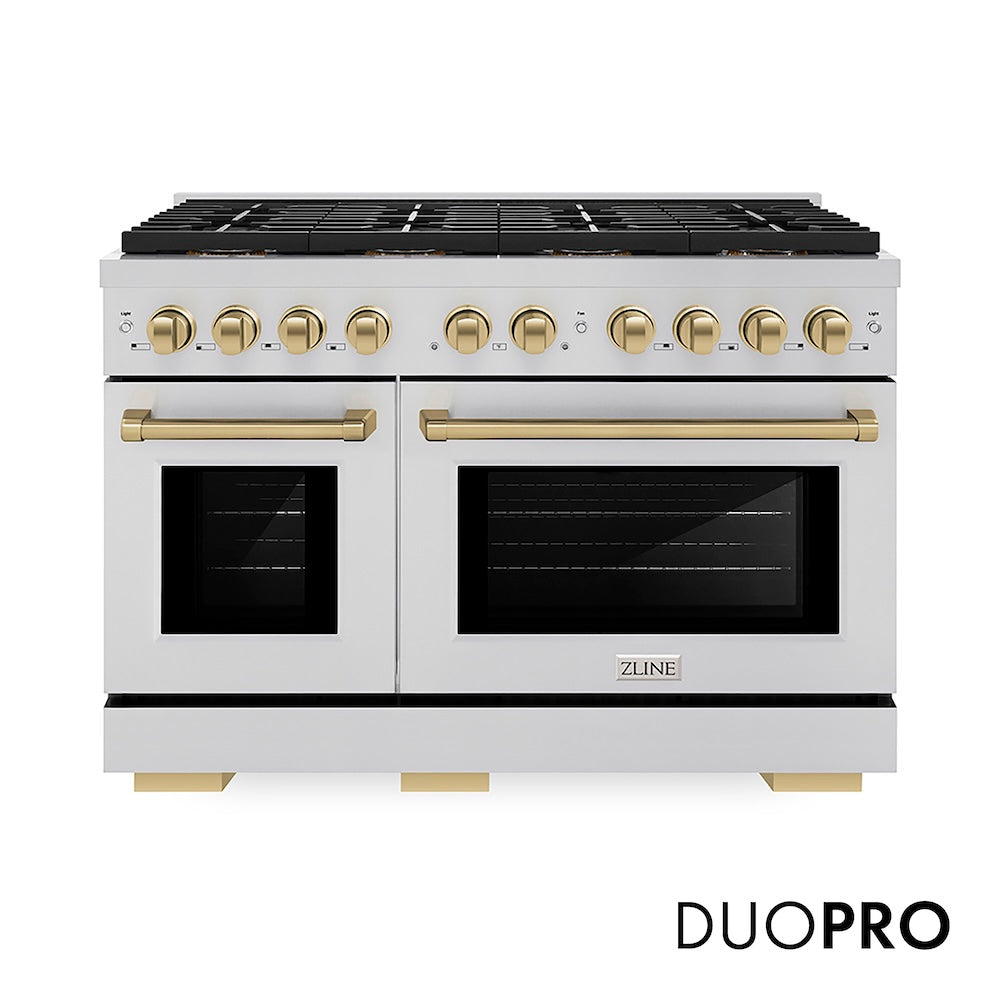 ZLINE Autograph Edition 48 in. 6.7 cu. ft. Paramount Dual Fuel Range with 8 Burner DuoPro™ Cooktop and Dual Ovens in Stainless Steel and Champagne Bronze Accents (PSDRZ-48-CB) main image.