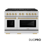 ZLINE Autograph Edition 48 in. 6.7 cu. ft. Paramount Dual Fuel Range with 8 Burner DuoPro™ Cooktop and Dual Ovens in Stainless Steel and Champagne Bronze Accents (PSDRZ-48-CB) front, with DuoPro™ logo.