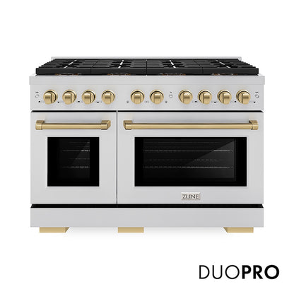 ZLINE Autograph Edition 48 in. 6.7 cu. ft. Paramount Dual Fuel Range with 8 Burner DuoPro™ Cooktop and Dual Ovens in Stainless Steel and Champagne Bronze Accents (PSDRZ-48-CB) front, with DuoPro™ logo.
