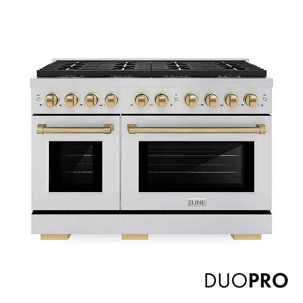 ZLINE Autograph Edition 48 in. 6.7 cu. ft. Paramount Dual Fuel Range with 8 Burner DuoPro™ Cooktop and Dual Ovens in Stainless Steel and Champagne Bronze Accents, Open Box-Good Condition