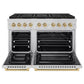 ZLINE Autograph Edition 48 in. 6.7 cu. ft. Paramount Dual Fuel Range with 8 Burner DuoPro™ Cooktop and Dual Ovens in Stainless Steel and Champagne Bronze Accents (PSDRZ-48-CB) front, oven open.