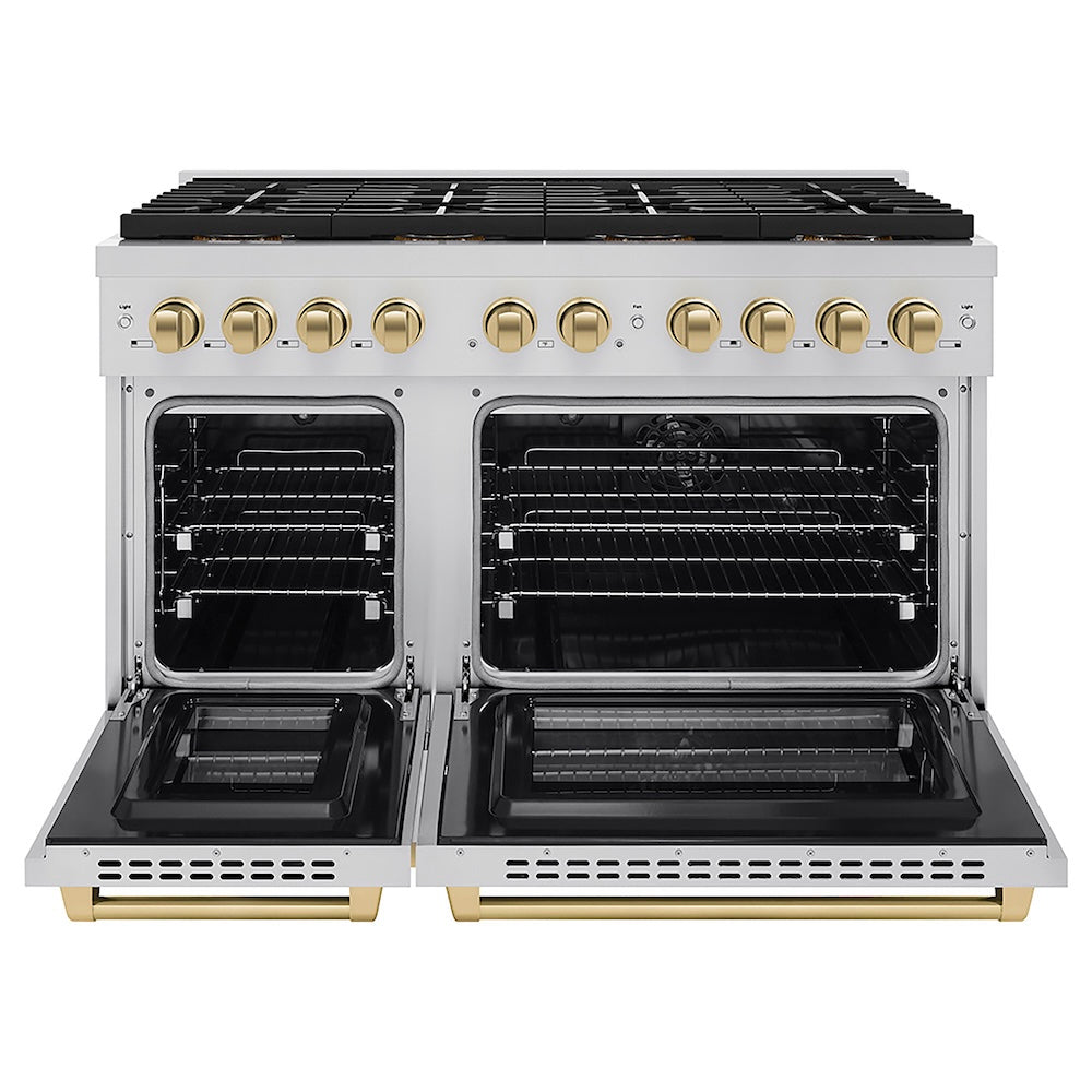 ZLINE Autograph Edition 48 in. 6.7 cu. ft. Paramount Dual Fuel Range with 8 Burner DuoPro™ Cooktop and Dual Ovens in Stainless Steel and Champagne Bronze Accents (PSDRZ-48-CB) front, oven open.