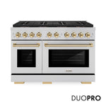 ZLINE Autograph Edition 48 in. 6.7 cu. ft. Paramount Dual Fuel Range with 8 Burner DuoPro™ Cooktop and Dual Ovens in Stainless Steel and Polished Gold Accents (PSDRZ-48-G) front, with DuoPro™ logo.