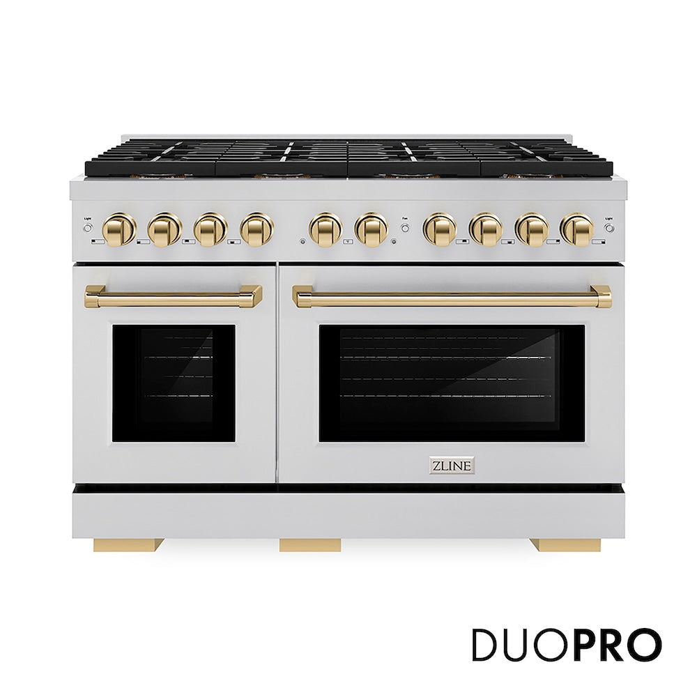 ZLINE Autograph Edition 48 in. 6.7 cu. ft. Paramount Dual Fuel Range with 8 Burner DuoPro™ Cooktop and Dual Ovens in Stainless Steel and Polished Gold Accents (PSDRZ-48-G) front, with DuoPro™ logo.