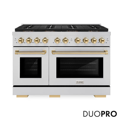 ZLINE Autograph Edition 48 in. 6.7 cu. ft. Paramount Dual Fuel Range with 8 Burner DuoPro™ Cooktop and Dual Ovens in Stainless Steel and Polished Gold Accents (PSDRZ-48-G) front, with DuoPro™ logo.