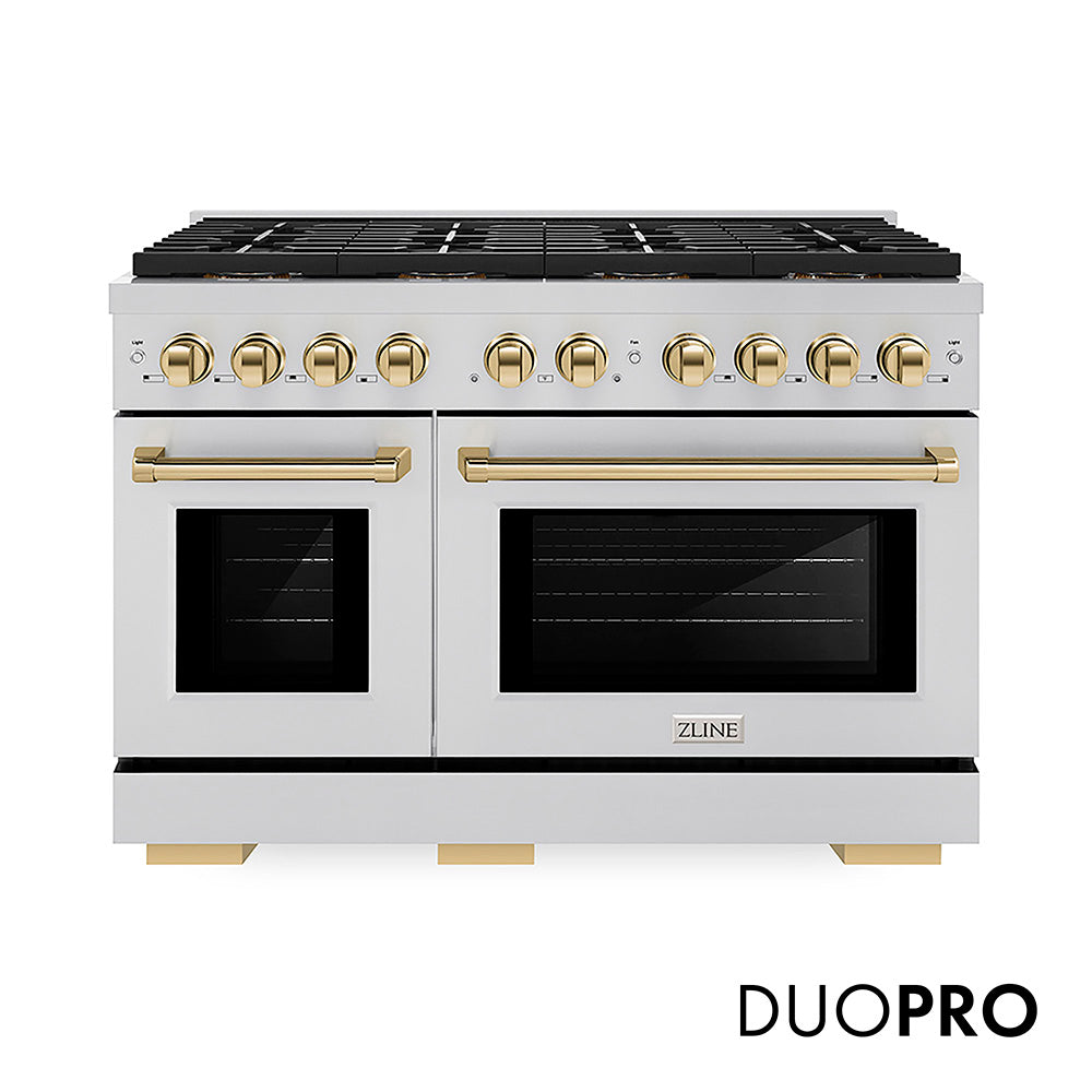 ZLINE Autograph Edition 48 in. 6.7 cu. ft. Paramount Dual Fuel Range with 8 Burner DuoPro™ Cooktop and Dual Ovens in Stainless Steel and Polished Gold Accents, Open Box-Good Condition
