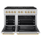 ZLINE Autograph Edition 48 in. 6.7 cu. ft. Paramount Dual Fuel Range with 8 Burner DuoPro™ Cooktop and Dual Ovens in Stainless Steel and Polished Gold Accents (PSDRZ-48-G) front, oven open.