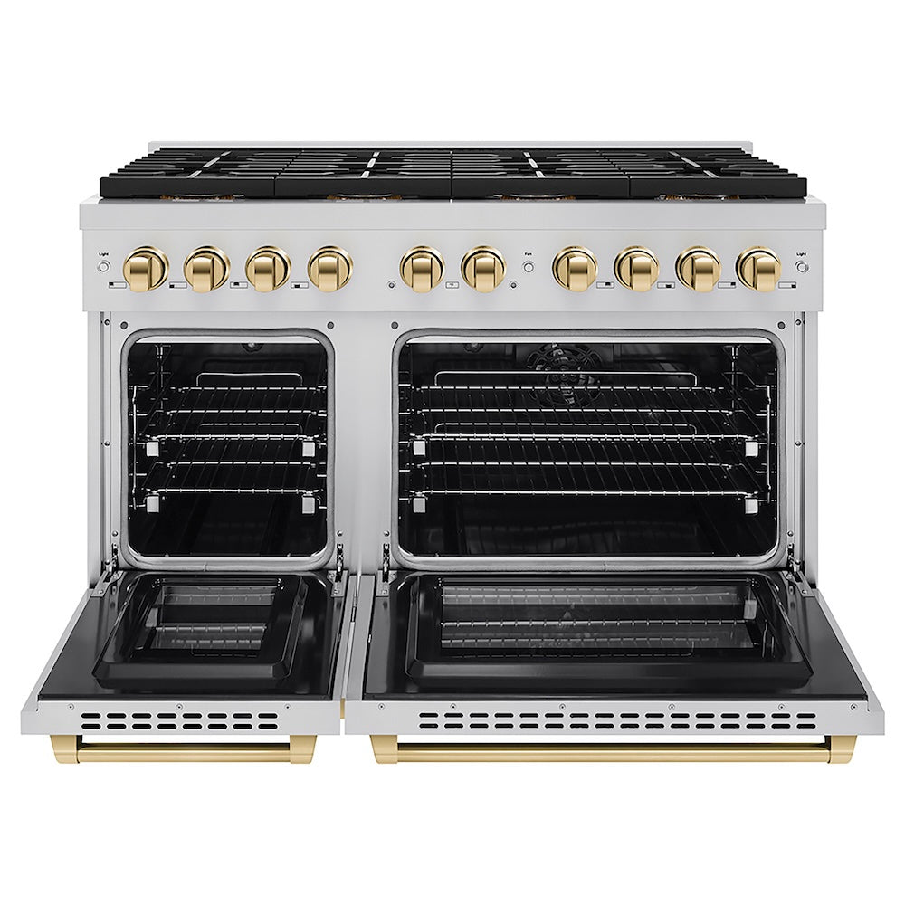 ZLINE Autograph Edition 48 in. 6.7 cu. ft. Paramount Dual Fuel Range with 8 Burner DuoPro™ Cooktop and Dual Ovens in Stainless Steel and Polished Gold Accents (PSDRZ-48-G) front, oven open.