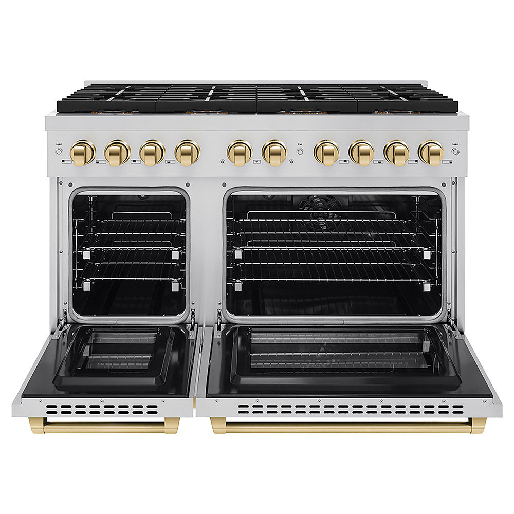 ZLINE Autograph Edition 48 in. 6.7 cu. ft. Paramount Dual Fuel Range with 8 Burner DuoPro™ Cooktop and Dual Ovens in Stainless Steel and Polished Gold Accents, Open Box-Good Condition