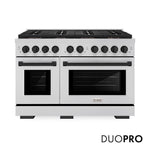 ZLINE Autograph Edition 48 in. 6.7 cu. ft. Paramount Dual Fuel Range with 8 Burner DuoPro™ Cooktop and Dual Ovens in Stainless Steel and Matte Black Accents (PSDRZ-48-MB) front, with DuoPro™ logo.