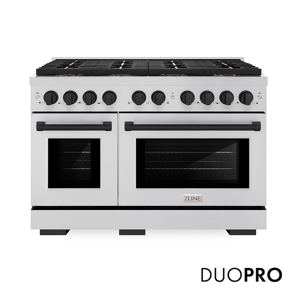 ZLINE Autograph Edition 48 in. 6.7 cu. ft. Paramount Dual Fuel Range with 8 Burner DuoPro™ Cooktop and Dual Ovens in Stainless Steel and Matte Black Accents (PSDRZ-48-MB) front, with DuoPro™ logo.