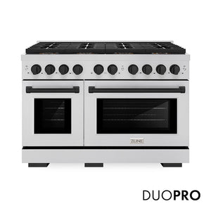 ZLINE Autograph Edition 48 in. 6.7 cu. ft. Paramount Dual Fuel Range with 8 Burner DuoPro™ Cooktop and Dual Ovens in Stainless Steel and Matte Black Accents (PSDRZ-48-MB) main image.