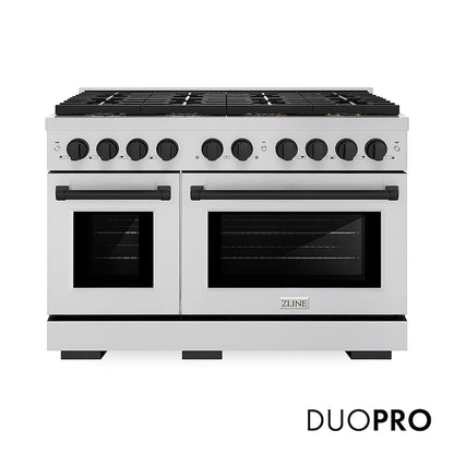 ZLINE Autograph Edition 48 in. 6.7 cu. ft. Paramount Dual Fuel Range with 8 Burner DuoPro™ Cooktop and Dual Ovens in Stainless Steel and Matte Black Accents (PSDRZ-48-MB) front, with DuoPro™ logo.