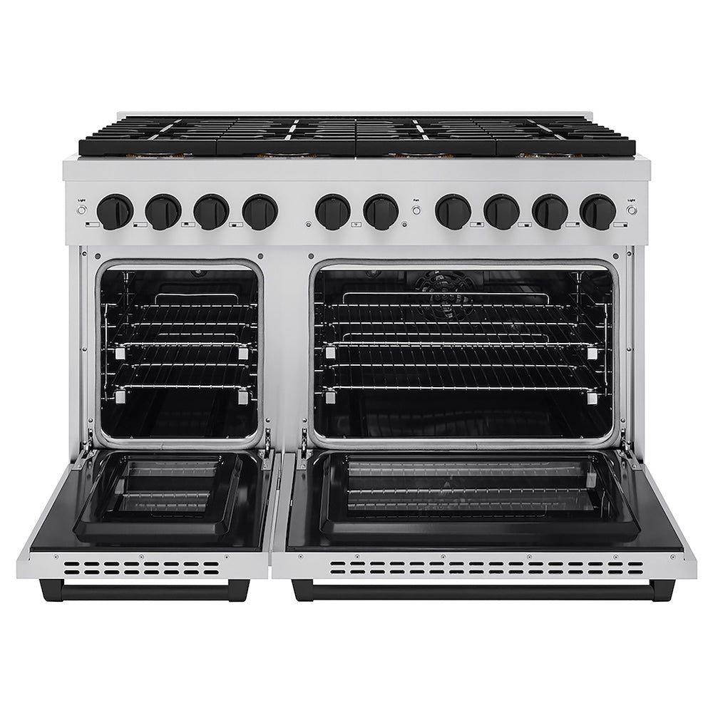 ZLINE Autograph Edition 48 in. 6.7 cu. ft. Paramount Dual Fuel Range with 8 Burner DuoPro™ Cooktop and Dual Ovens in Stainless Steel and Matte Black Accents (PSDRZ-48-MB) front, oven open.