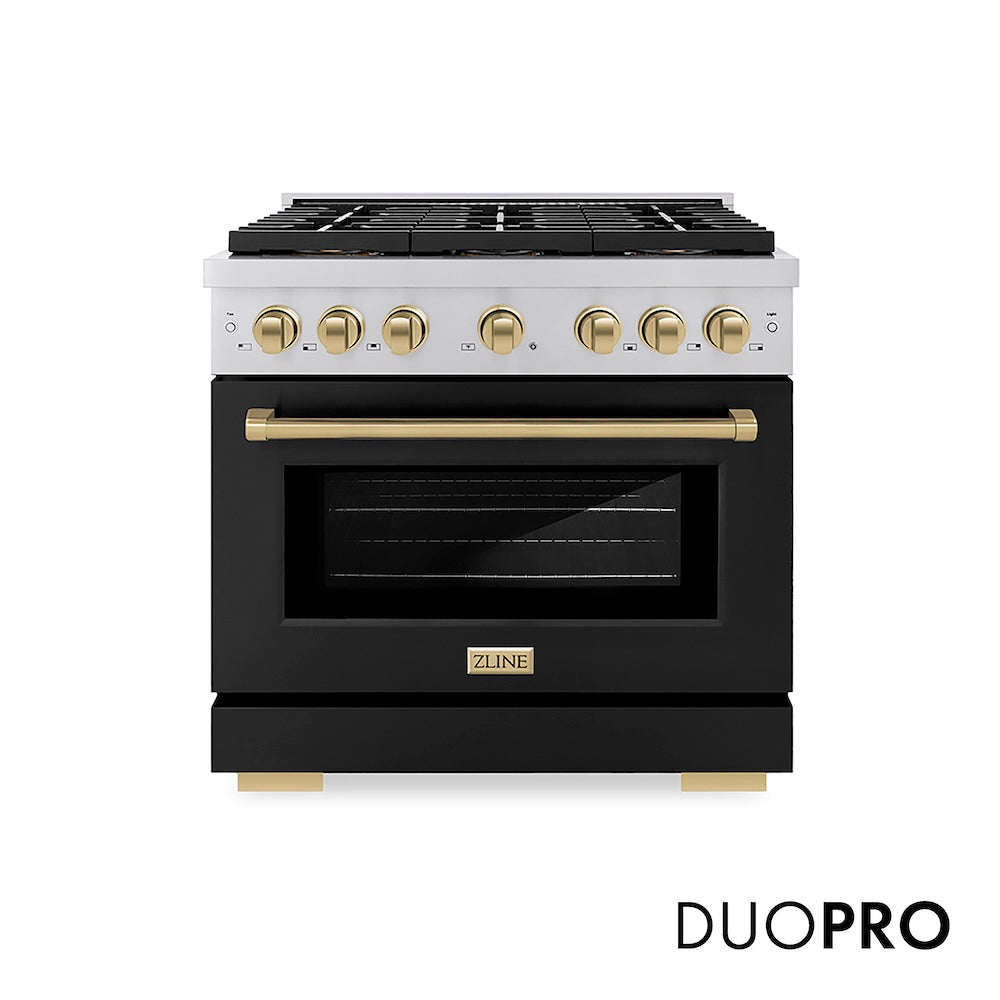 ZLINE Autograph Edition 36 in. 5.2 cu. ft. Paramount Dual Fuel Range with 6 Burner DuoPro™ Cooktop and Electric Convection Oven with Black Matte Door and Champagne Bronze Accents (PSDRZ-BLM-36-CB) front, with DuoPro™ logo.