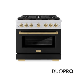 ZLINE Autograph Edition 36 in. 5.2 cu. ft. Paramount Dual Fuel Range with 6 Burner DuoPro™ Cooktop and Electric Convection Oven with Black Matte Door and Champagne Bronze Accents (PSDRZ-BLM-36-CB) main image.
