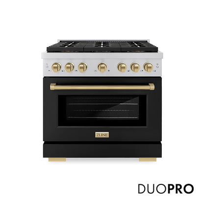 ZLINE Autograph Edition 36 in. 5.2 cu. ft. Paramount Dual Fuel Range with 6 Burner DuoPro™ Cooktop and Electric Convection Oven with Black Matte Door and Champagne Bronze Accents (PSDRZ-BLM-36-CB) front, with DuoPro™ logo.