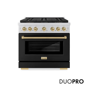 ZLINE Autograph Edition 36 in. 5.2 cu. ft. Paramount Dual Fuel Range with 6 Burner DuoPro™ Cooktop and Electric Convection Oven with Black Matte Door and Champagne Bronze Accents, Open Box-Great Condition main image.