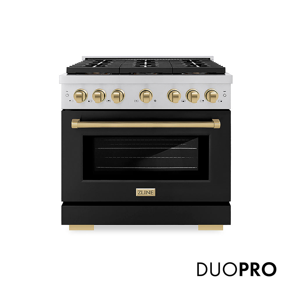 ZLINE Autograph Edition 36 in. 5.2 cu. ft. Paramount Dual Fuel Range with 6 Burner DuoPro™ Cooktop and Electric Convection Oven with Black Matte Door and Champagne Bronze Accents, Open Box-Good Condition