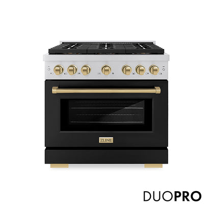ZLINE Autograph Edition 36 in. 5.2 cu. ft. Paramount Dual Fuel Range with 6 Burner DuoPro™ Cooktop and Electric Convection Oven with Black Matte Door and Champagne Bronze Accents, Open Box-Good Condition