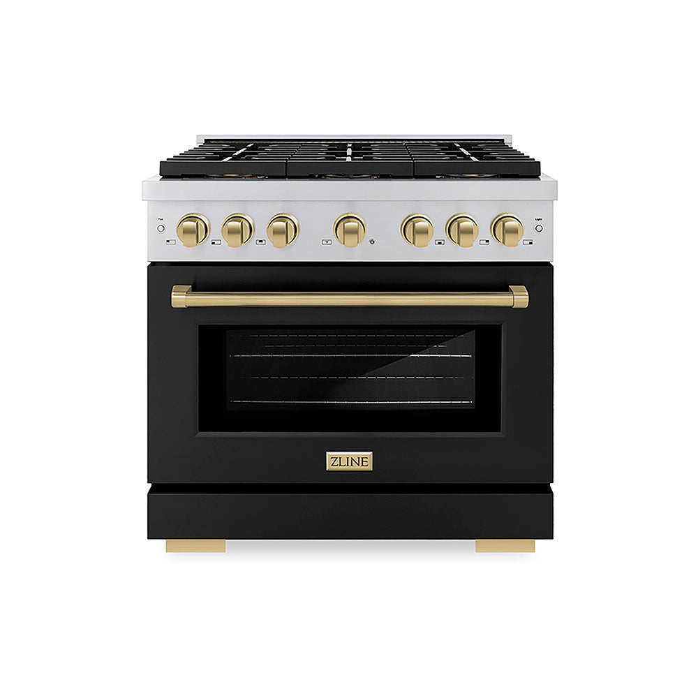 ZLINE Autograph Edition 36 in. 5.2 cu. ft. Paramount Dual Fuel Range with 6 Burner DuoPro™ Cooktop and Electric Convection Oven with Black Matte Door and Champagne Bronze Accents, Open Box-Good Condition