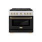 ZLINE Autograph Edition 36 in. 5.2 cu. ft. Paramount Dual Fuel Range with 6 Burner DuoPro™ Cooktop and Electric Convection Oven with Black Matte Door and Champagne Bronze Accents (PSDRZ-BLM-36-CB) front.