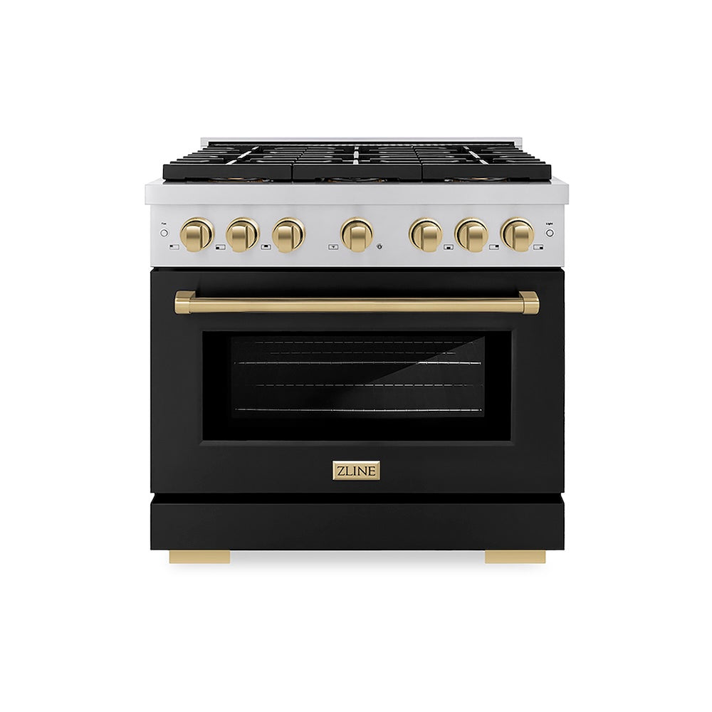ZLINE Autograph Edition 36 in. 5.2 cu. ft. Paramount Dual Fuel Range with 6 Burner DuoPro™ Cooktop and Electric Convection Oven with Black Matte Door and Champagne Bronze Accents (PSDRZ-BLM-36-CB) front.