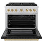 ZLINE Autograph Edition 36 in. 5.2 cu. ft. Paramount Dual Fuel Range with 6 Burner DuoPro™ Cooktop and Electric Convection Oven with Black Matte Door and Champagne Bronze Accents (PSDRZ-BLM-36-CB) front, oven open.