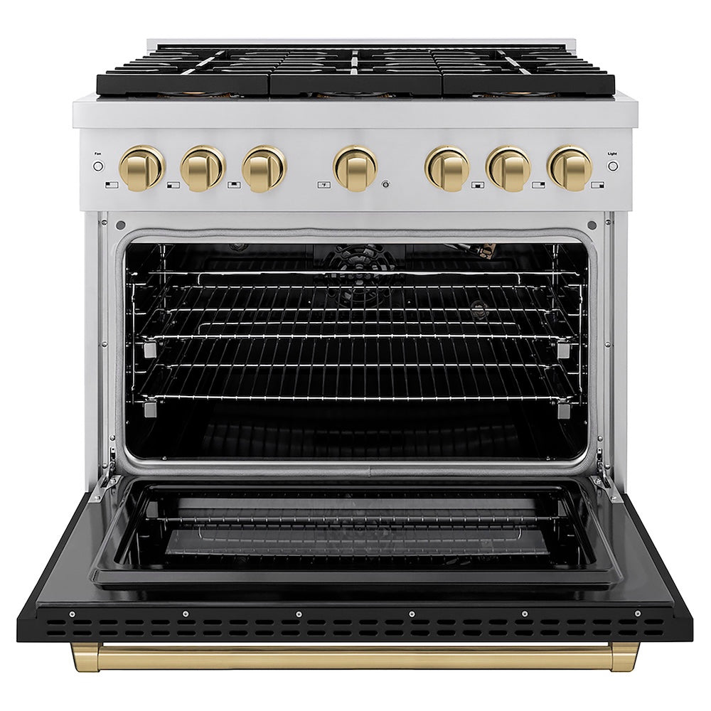ZLINE Autograph Edition 36 in. 5.2 cu. ft. Paramount Dual Fuel Range with 6 Burner DuoPro™ Cooktop and Electric Convection Oven with Black Matte Door and Champagne Bronze Accents (PSDRZ-BLM-36-CB) front, oven open.