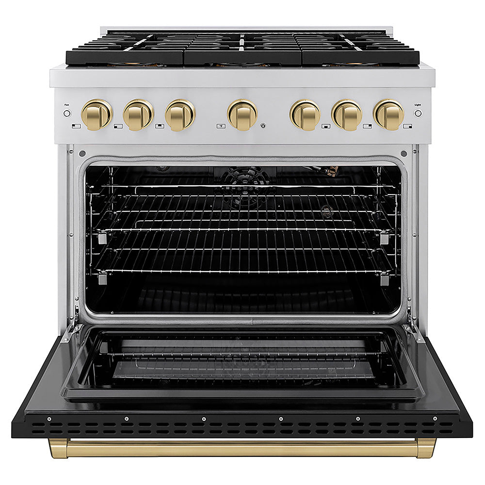ZLINE Autograph Edition 36 in. 5.2 cu. ft. Paramount Dual Fuel Range with 6 Burner DuoPro™ Cooktop and Electric Convection Oven with Black Matte Door and Champagne Bronze Accents, Open Box-Good Condition