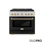 ZLINE Autograph Edition 36 in. 5.2 cu. ft. Paramount Dual Fuel Range with 6 Burner DuoPro™ Cooktop and Electric Convection Oven with Black Matte Door and Polished Gold Accents (PSDRZ-BLM-36-G) front, with DuoPro™ logo.