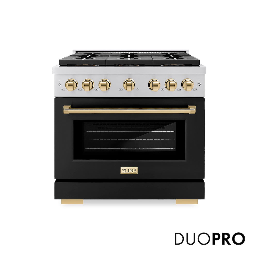 ZLINE Autograph Edition 36 in. 5.2 cu. ft. Paramount Dual Fuel Range with 6 Burner DuoPro™ Cooktop and Electric Convection Oven with Black Matte Door and Polished Gold Accents (PSDRZ-BLM-36-G) front, with DuoPro™ logo.