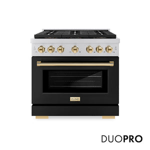 ZLINE Autograph Edition 36 in. 5.2 cu. ft. Paramount Dual Fuel Range with 6 Burner DuoPro™ Cooktop and Electric Convection Oven with Black Matte Door and Polished Gold Accents (PSDRZ-BLM-36-G) main image.