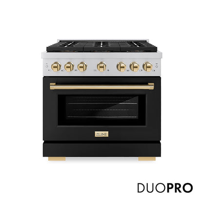 ZLINE Autograph Edition 36 in. 5.2 cu. ft. Paramount Dual Fuel Range with 6 Burner DuoPro™ Cooktop and Electric Convection Oven with Black Matte Door and Polished Gold Accents (PSDRZ-BLM-36-G) front, with DuoPro™ logo.
