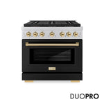 ZLINE Autograph Edition 36 in. 5.2 cu. ft. Paramount Dual Fuel Range with 6 Burner DuoPro™ Cooktop and Electric Convection Oven with Black Matte Door and Polished Gold Accents, Open Box-Good Condition