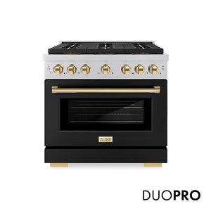ZLINE Autograph Edition 36 in. 5.2 cu. ft. Paramount Dual Fuel Range with 6 Burner DuoPro™ Cooktop and Electric Convection Oven with Black Matte Door and Polished Gold Accents, Open Box-Good Condition main image.