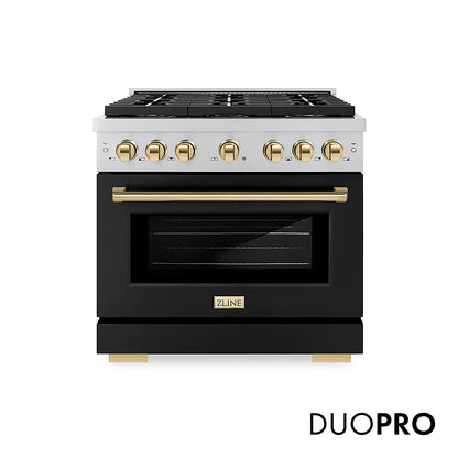 ZLINE Autograph Edition 36 in. 5.2 cu. ft. Paramount Dual Fuel Range with 6 Burner DuoPro™ Cooktop and Electric Convection Oven with Black Matte Door and Polished Gold Accents, Open Box-Good Condition