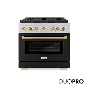 ZLINE Autograph Edition 36 in. 5.2 cu. ft. Paramount Dual Fuel Range with 6 Burner DuoPro™ Cooktop and Electric Convection Oven with Black Matte Door and Polished Gold Accents, Open Box-Great Condition main image.