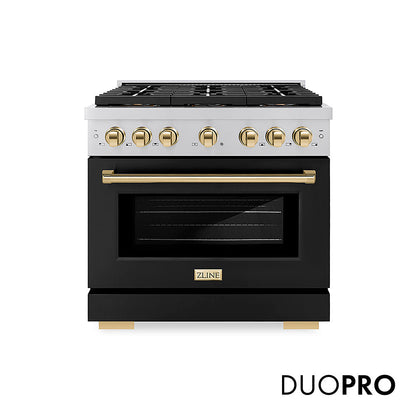 ZLINE Autograph Edition 36 in. 5.2 cu. ft. Paramount Dual Fuel Range with 6 Burner DuoPro™ Cooktop and Electric Convection Oven with Black Matte Door and Polished Gold Accents, Open Box-Great Condition