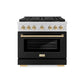 ZLINE Autograph Edition 36 in. 5.2 cu. ft. Paramount Dual Fuel Range with 6 Burner DuoPro™ Cooktop and Electric Convection Oven with Black Matte Door and Polished Gold Accents (PSDRZ-BLM-36-G) front.