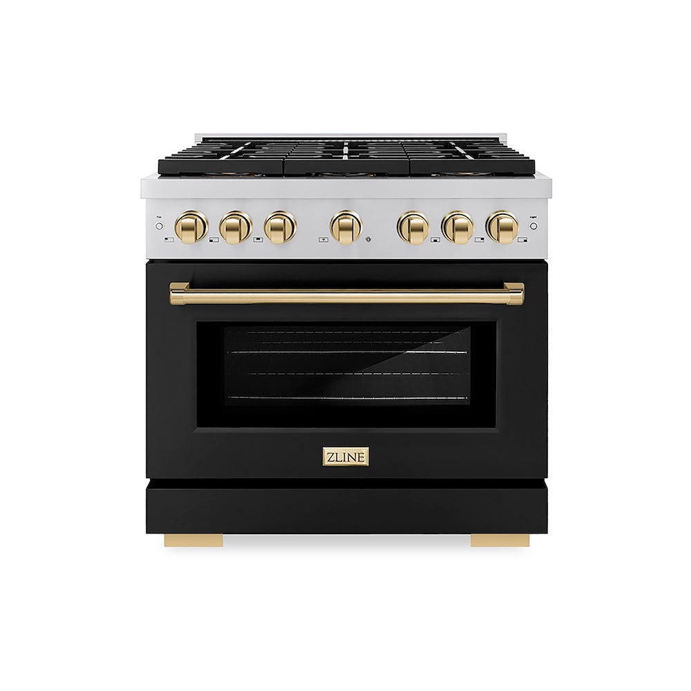 ZLINE Autograph Edition 36 in. 5.2 cu. ft. Paramount Dual Fuel Range with 6 Burner DuoPro™ Cooktop and Electric Convection Oven with Black Matte Door and Polished Gold Accents (PSDRZ-BLM-36-G) front.