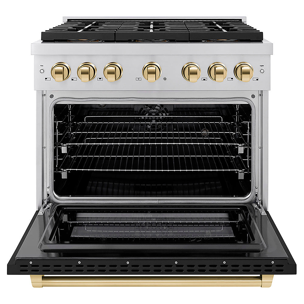 ZLINE Autograph Edition 36 in. 5.2 cu. ft. Paramount Dual Fuel Range with 6 Burner DuoPro™ Cooktop and Electric Convection Oven with Black Matte Door and Polished Gold Accents, Open Box-Good Condition