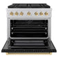 ZLINE Autograph Edition 36 in. 5.2 cu. ft. Paramount Dual Fuel Range with 6 Burner DuoPro™ Cooktop and Electric Convection Oven with Black Matte Door and Polished Gold Accents (PSDRZ-BLM-36-G) front, oven open.